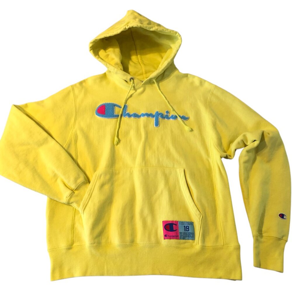 Champion Hoodie Men Medium Reverse Weave Yellow Chenille Puff Script Sweatshirt